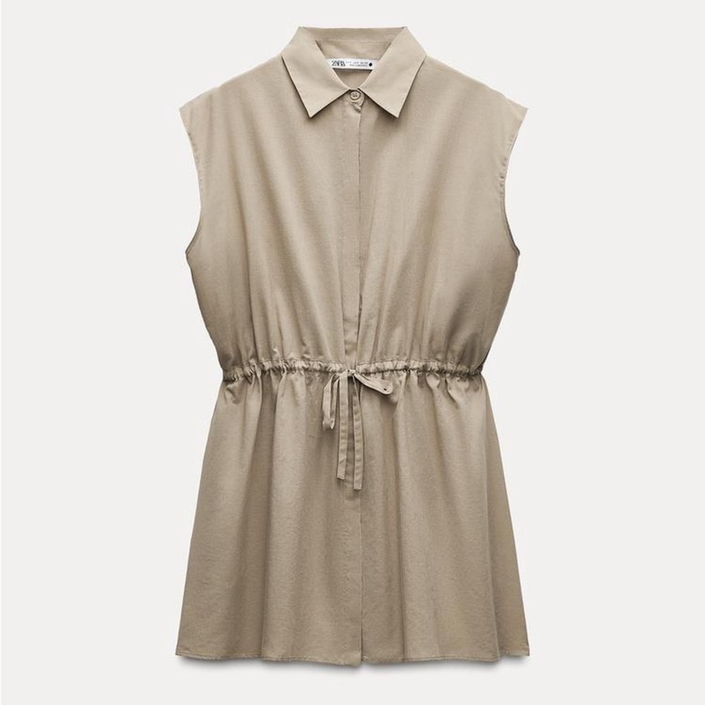 ZARA OVERSIZED COTTON SLEEVELESS TUNIC SHIRT with DRAWSTRING TIE Safari Khaki XS